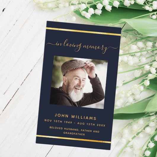 Blauwe gouden foto-elegante begrafeniskaart visitekaartje