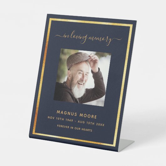 Blauwe gouden foto-herdenkingsbegrafenis reclamebord met voetstuk (Voorkant)