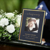 Blauwe gouden foto-herdenkingsbegrafenis reclamebord met voetstuk