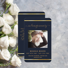 Blauwe gouden fotoelegante begrafeniskaart visitekaartje