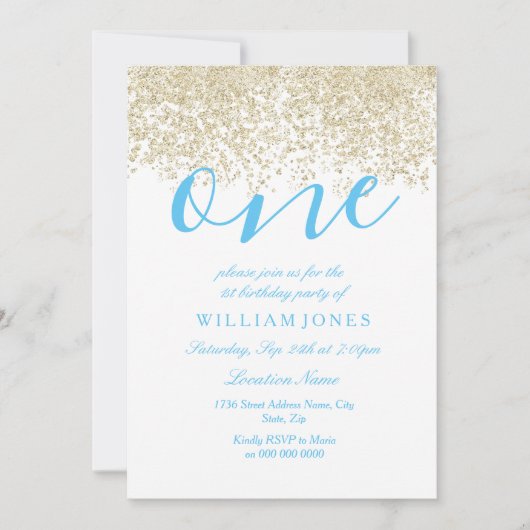 Blauwe gouden jongens 1e verjaardag Uitnodiging (Voorkant)