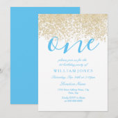 Blauwe gouden jongens 1e verjaardag Uitnodiging (Voorkant / Achterkant)