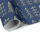 Blauwe gouden kerstbomen Pattern Modern Cadeaupapier (Rol Hoek)