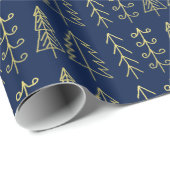 Blauwe gouden kerstbomen Pattern Modern Cadeaupapier (Rol Hoek)