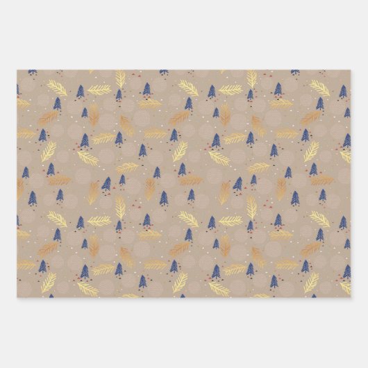 Blauwe gouden kerstbomen Polka Dots Stripe Inpakpapier Vel (Voorkant)