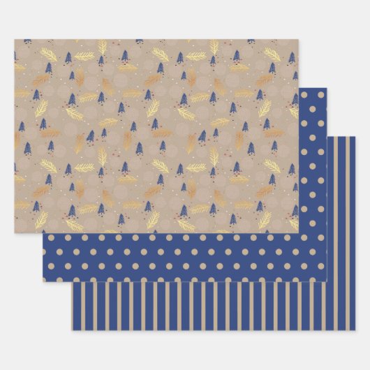 Blauwe gouden kerstbomen Polka Dots Stripe Inpakpapier Vel (Set)