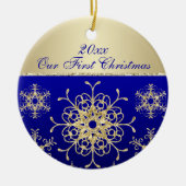 Blauwe, gouden kerstkeepaardse versiering keramisch ornament (Voorkant)