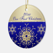 Blauwe, gouden kerstkeepaardse versiering keramisch ornament (Links)