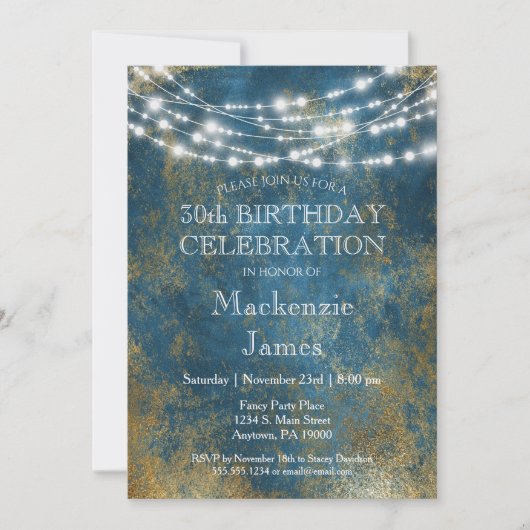 Blauwe gouden lampjes Birthday Party Invitation Ad Kaart (Voorkant)