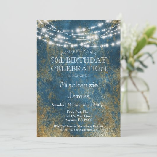 Blauwe gouden lampjes Birthday Party Invitation Ad Kaart (Staand voorkant)