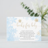 Blauwe gouden sneeuwvlok baby shower informatiekaartje (Staand voorkant)
