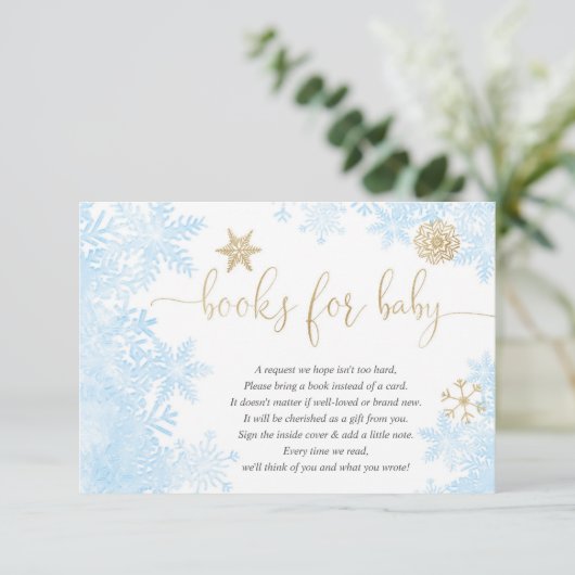 Blauwe gouden sneeuwvlok baby shower informatiekaartje (Staand voorkant)