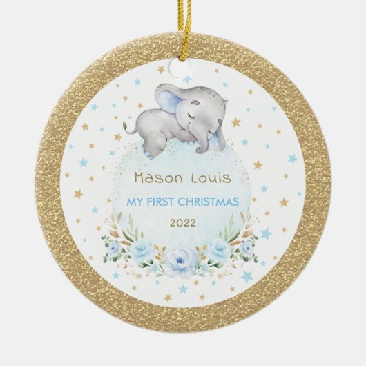 Blauwe gouden sterren Elephant Baby eerste Kerstmi Keramisch Ornament (Voorkant)