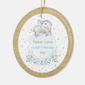 Blauwe gouden sterren Elephant Baby eerste Kerstmi Keramisch Ornament (Links)