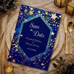 Blauwe gouden sterrenhemel hemels magische bruilof save the date