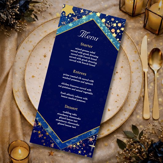 Blauwe gouden sterrenhemel hemelse magische bruilo menu