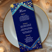 Blauwe gouden sterrenhemel hemelse magische bruilo menu