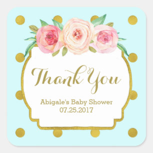 Blauwe gouden Stippen Floral Baby shower Favor Tag Vierkante Sticker