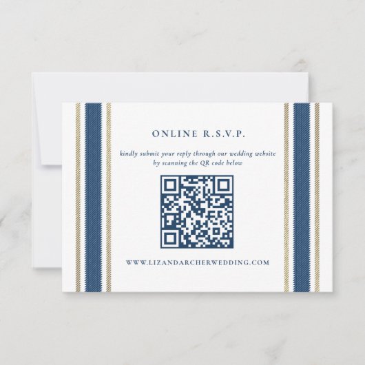 Blauwe Gouden Streep Nautische Bruiloft Online RSV RSVP Kaartje (Voorkant)
