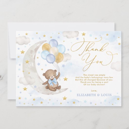 Blauwe gouden Teddy Bear Moon Balloons Clouds Star Bedankkaart (Voorkant)