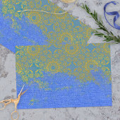 Blauwe gouden vervormde Damaserpatrooncanvas textu Tissuepapier