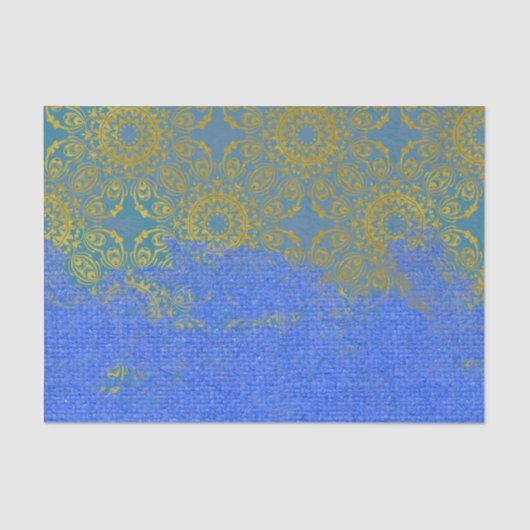 Blauwe gouden vervormde Damaserpatrooncanvas textu Tissuepapier (Voorkant)