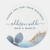 Blauwe gouden Waterverf Botanische bladeren Hartel Ronde Sticker (Voorkant)