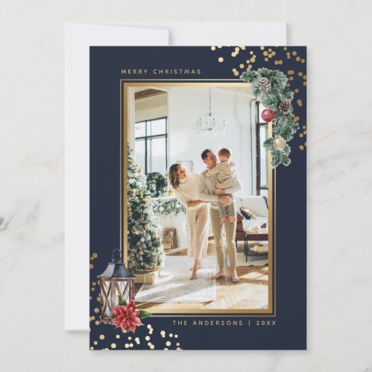 Blauwe gouden Waterverf Kerstmis Feestdagenkaart (Voorkant)