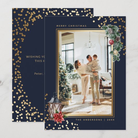 Blauwe gouden Waterverf Kerstmis Feestdagenkaart (Voorkant / Achterkant)