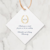 Blauwe gouden witte bladovaal met grote kunst brui bedankjes labels (Achterkant)