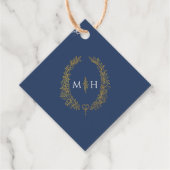 Blauwe gouden witte bladovaal met grote kunst brui bedankjes labels (Voorkant)