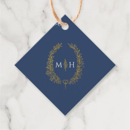 Blauwe gouden witte bladovaal met grote kunst brui bedankjes labels