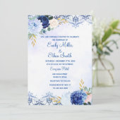 Blauwe goudflorale waterverf kaart (Staand voorkant)