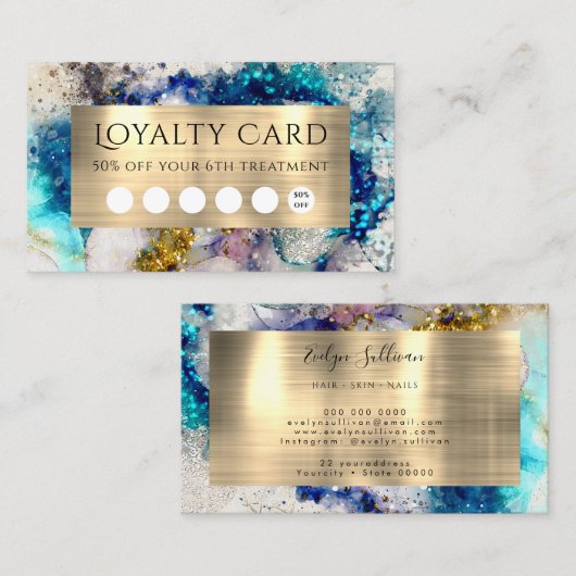 Blauwe goudglitter waterverf trouwe kaart visitekaartje (Voorkant / Achterkant)