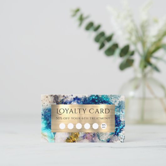 Blauwe goudglitter waterverf trouwe kaart visitekaartje (Staand voorkant)