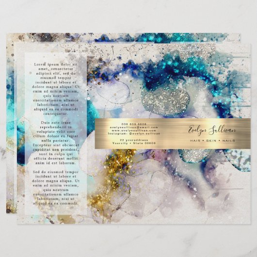 Blauwe goudglitterbrochure waterverf (Voorkant / Achterkant)