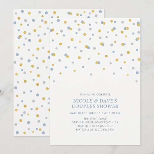 Blauwe, goudhexagon Confetti-paar bruiloft Kaart (Voorkant / Achterkant)