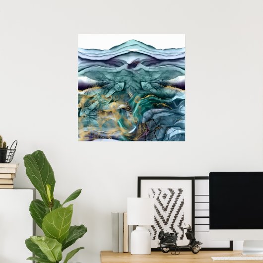 Blauwe goudinkt abstract poster (Thuiskantoor)