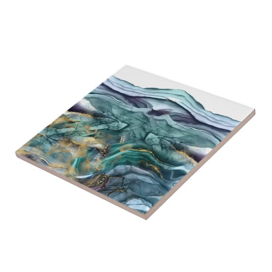 Blauwe goudinkt abstract tegeltje (Zijkant)