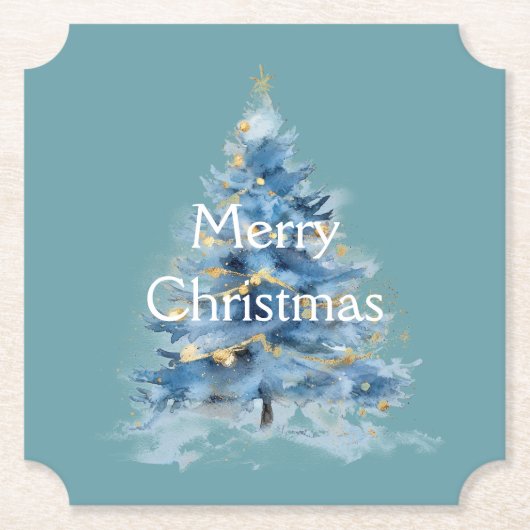 Blauwe goudkerstboom kartonnen onderzetters (Voorkant)