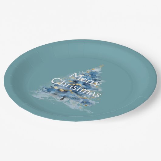 Blauwe goudkerstboom papieren bordje (Gekanteld)