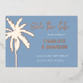 Blauwe goudpalm Beach Weddenschap sparen de datum Folie Uitnodiging (Voorkant)