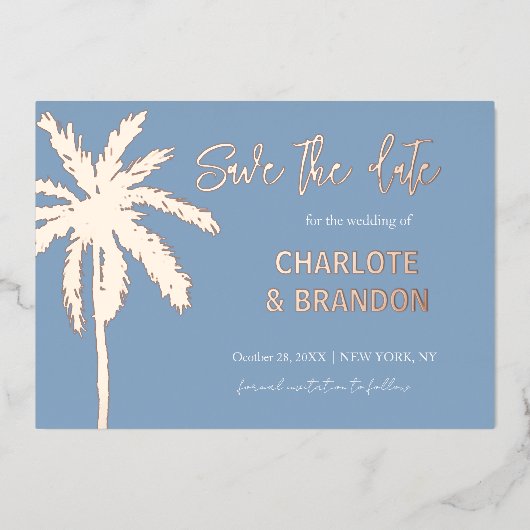 Blauwe goudpalm Beach Weddenschap sparen de datum Folie Uitnodiging (Voorkant)
