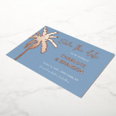 Blauwe goudpalm Beach Weddenschap sparen de datum Folie Uitnodiging (Gedraaid)