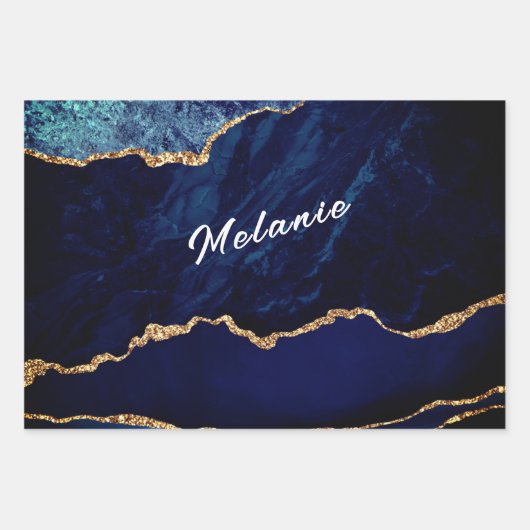 Blauwe goudpapierbladen - Jouw naam Inpakpapier Vel (Voorkant)