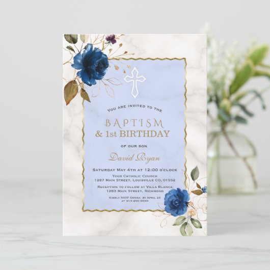 Blauwe goudplatte marmer, eerste verjaardag & bapt kaart (Staand voorkant)