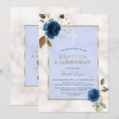 Blauwe goudplatte marmer, eerste verjaardag & bapt kaart (Voorkant / Achterkant)