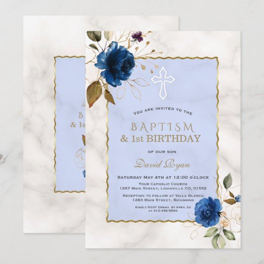 Blauwe goudplatte marmer, eerste verjaardag & bapt kaart (Voorkant / Achterkant)