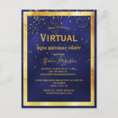 Blauwe gouduitnodiging voor virtuele verjaardagsfe briefkaart (Voorkant)