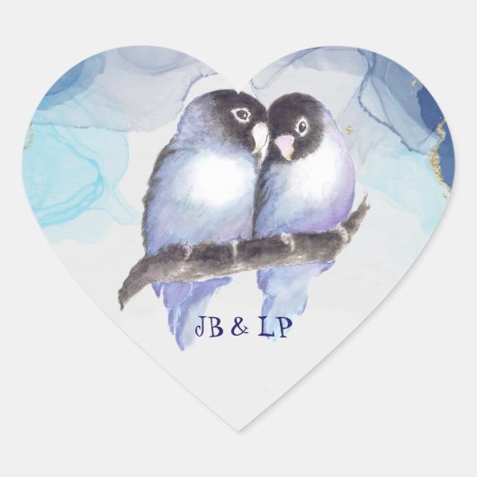 Blauwe goudvedervogels, Bird Heart Monogram Hart Sticker (Voorkant)